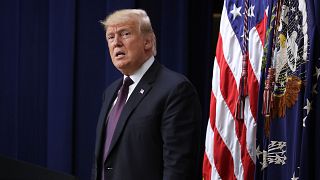 President Donald Trump delivers remarks during a conference in the Eisenhow