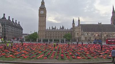 London: refugee life jackets laid out in Parliament Square
