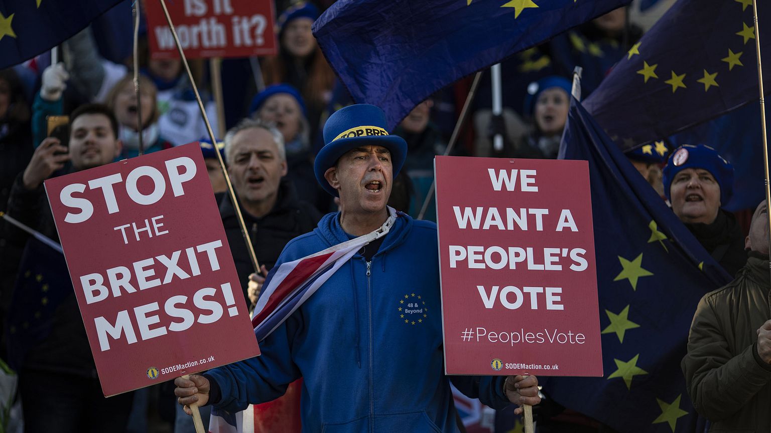 Image: Brexit protesters continue to demonstrate outside the Houses of Parl
