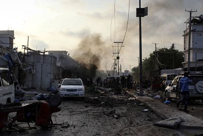 Smoke rises in the aftermath of explosions outside a hotel in Somalia\'s capital Mogadishu on Nov. 9.