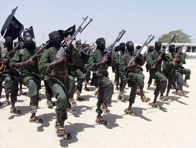 Hundreds of al-Shabaab fighters perform military exercises south of Mogadishu.
