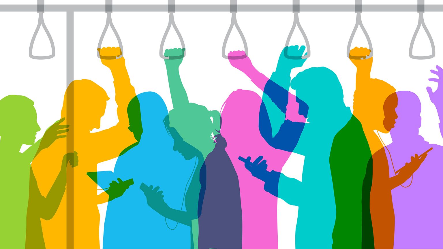 Illustration of people looking at the mobile phones while riding the subway