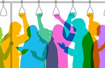 Illustration of people looking at the mobile phones while riding the subway