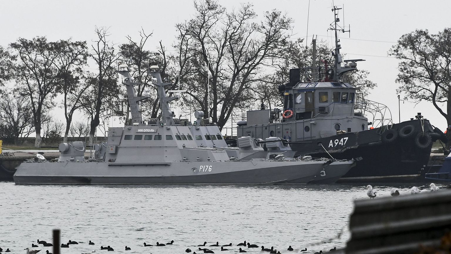 Image: The three Ukrainian ships docked in Kerch, Crimea, on Monday.