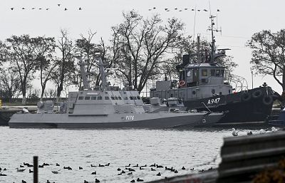 The three Ukrainian ships docked in Kerch, Crimea, on Monday.