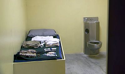 Inside a detainee\'s cell at Guantanamo.