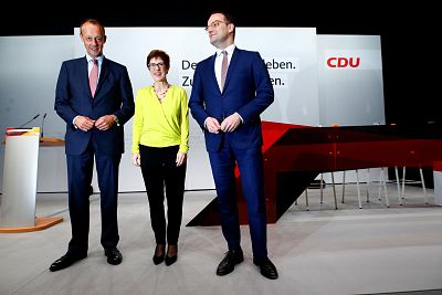 Friedrich Merz, Annegret Kramp-Karrenbauer and Jens Spahn attend the CDU\'s regional conference in Düsseldorf, Germany, on Wednesday.