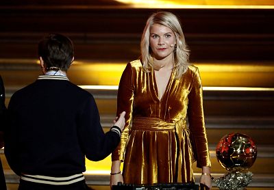Ada Hegerberg reacts after being asked to twerk by DJ Martin Solveig during the Ballon d\'Or ceremony in Paris. 