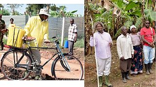 Museveni in green boots bikes to farmers' homes to teach wealth creation