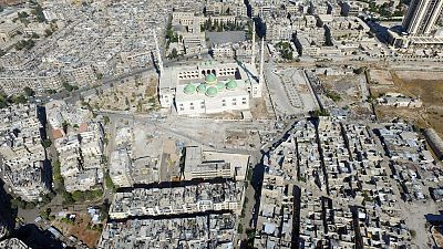 Drone footage of empty streets and destroyed city of Aleppo
