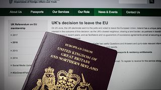 Image: A UK passport in front of a webpage for the Irish Embassy in Wells, 