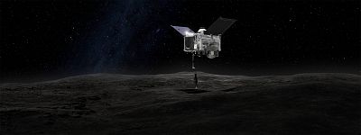 This artist\'s concept shows OSIRIS-REx\'s robotic arm reaching out to take a sample of the asteroid Bennu.