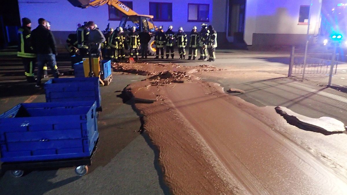 Image: Spilt chocolate is seen on a road in Werl