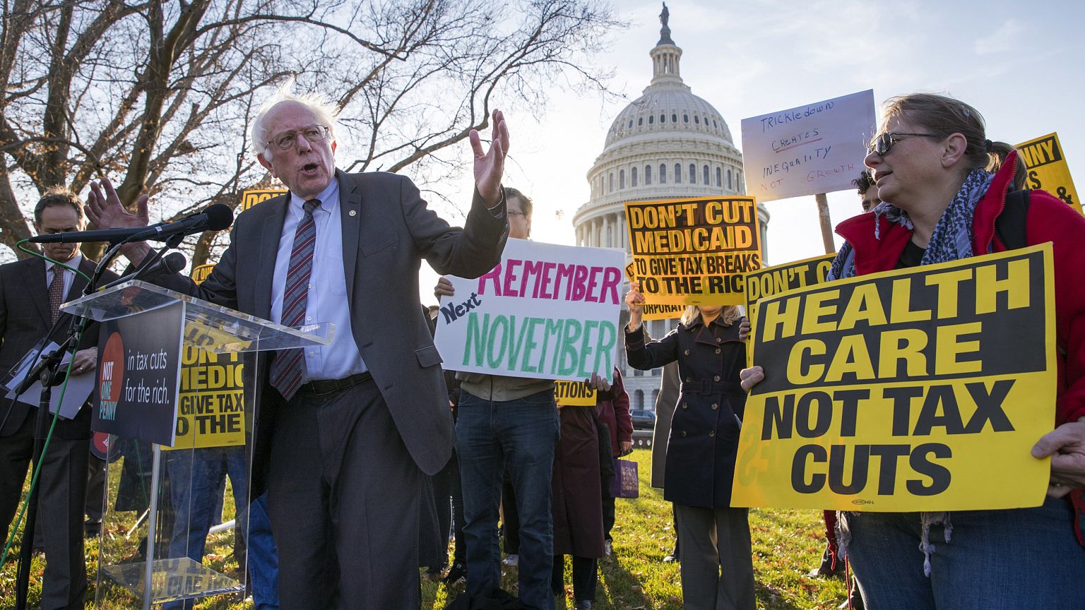 Image: Sen. Bernie Sanders joins protesters outside the Capitol as Republic
