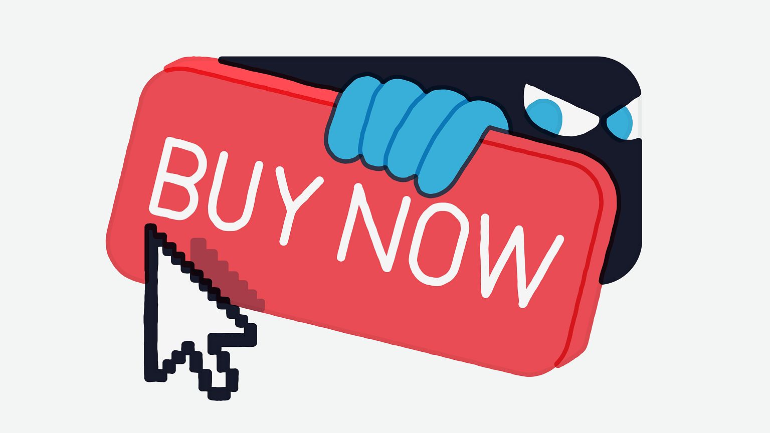 Illustration of a mysterious figure peaking out from behind a buy now butto