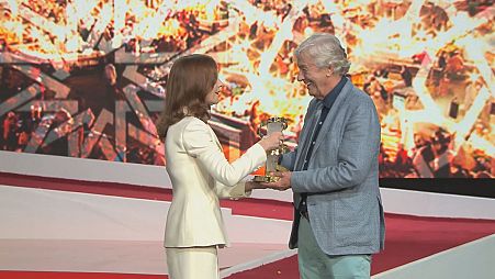 Actress Isabelle Huppert pays tribute to director Paul Verhoeven at the Marrakech Film Festival