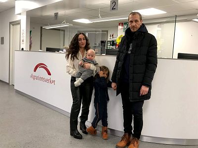 Alexey Knedlyakovsky and Lusine Djanyan with their two children at the Migration office in Lindesberg, Sweden, on Thursday.