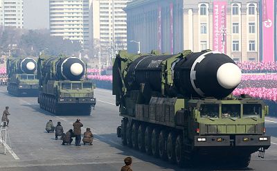 Hwasong-15 missiles are shown off during a military parade on Feb. 8.