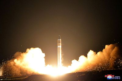 North Korea\'s Hwasong-15, which is believed to be an intercontinental ballistic missile, is successfully launched near Pyongyang in November 2017.
