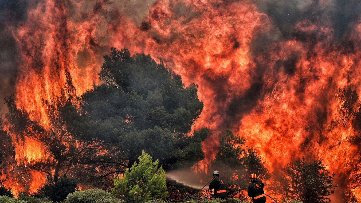 Image: Firefighters try to extinguish flames in the village of Kineta, Gree