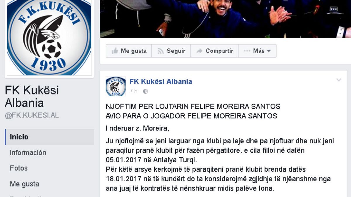 El Kukës albanés recurre a Facebook para buscar a su futbolista brasileño desaparecido
