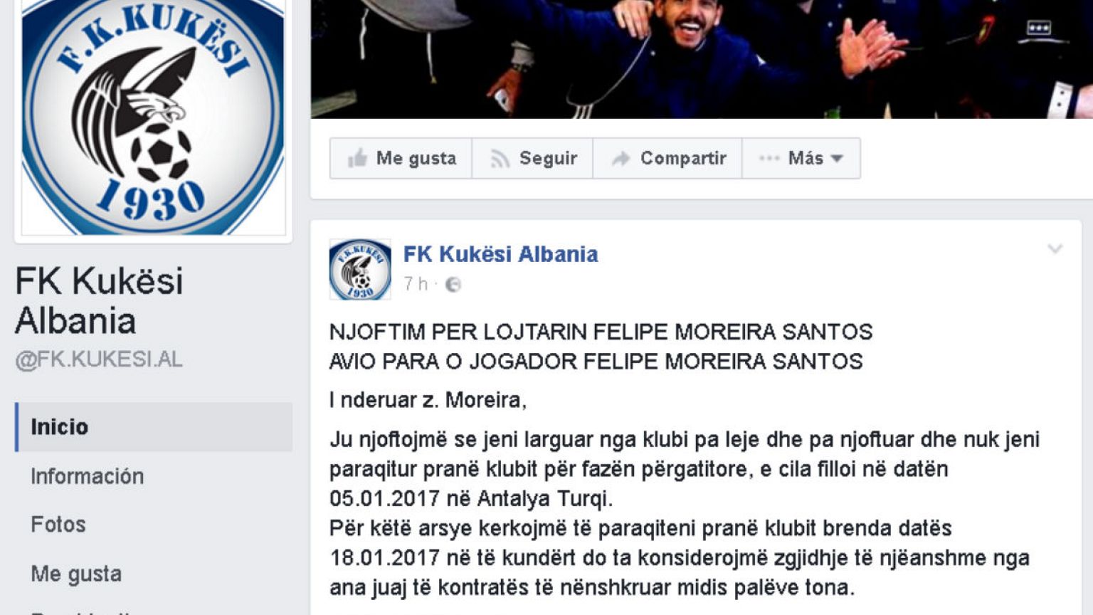 El Kukës albanés recurre a Facebook para buscar a su futbolista brasileño desaparecido