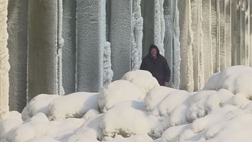 Icicles on Kosovo power plant cooling towers