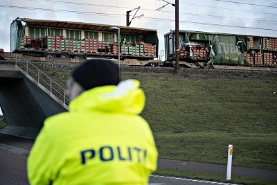 Damaged cargo compartments of a train near Nyborg, Denmark, on Wednesday.
