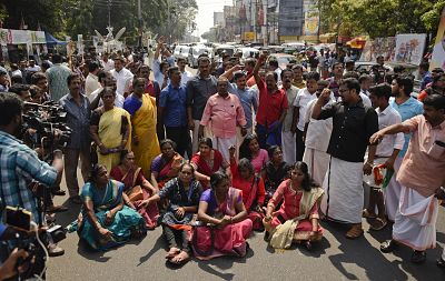 Demonstrators block traffic while protesting reports that two women entered the Sabarimala Temple in Kerala, India, on Jan. 2, 2019.