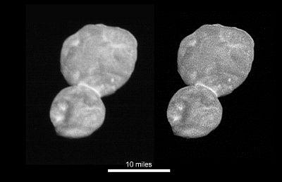 NASA released these image of the object Ultima Thule, about 1 billion miles beyond Pluto, on Jan. 2, 2019. The original image is on the left and a sharpened version is at right.