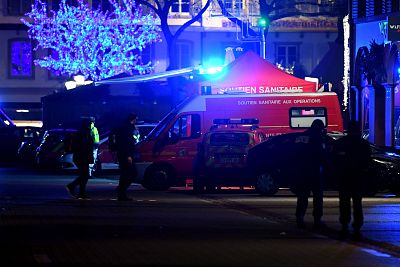 Authorities work at a makeshift emergency services base after a deadly shooting in Strasbourg, France, early on Dec. 12, 2018.