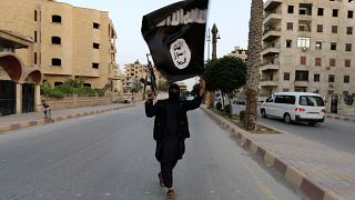 Image: A member loyal to the ISIL waves an ISIL flag in Raqqa