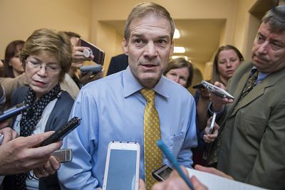 Rep. Jim Jordan, R-Ohio, talks with reporters after a meeting of the House Republican Conference in the Capitol on June 26, 2018.