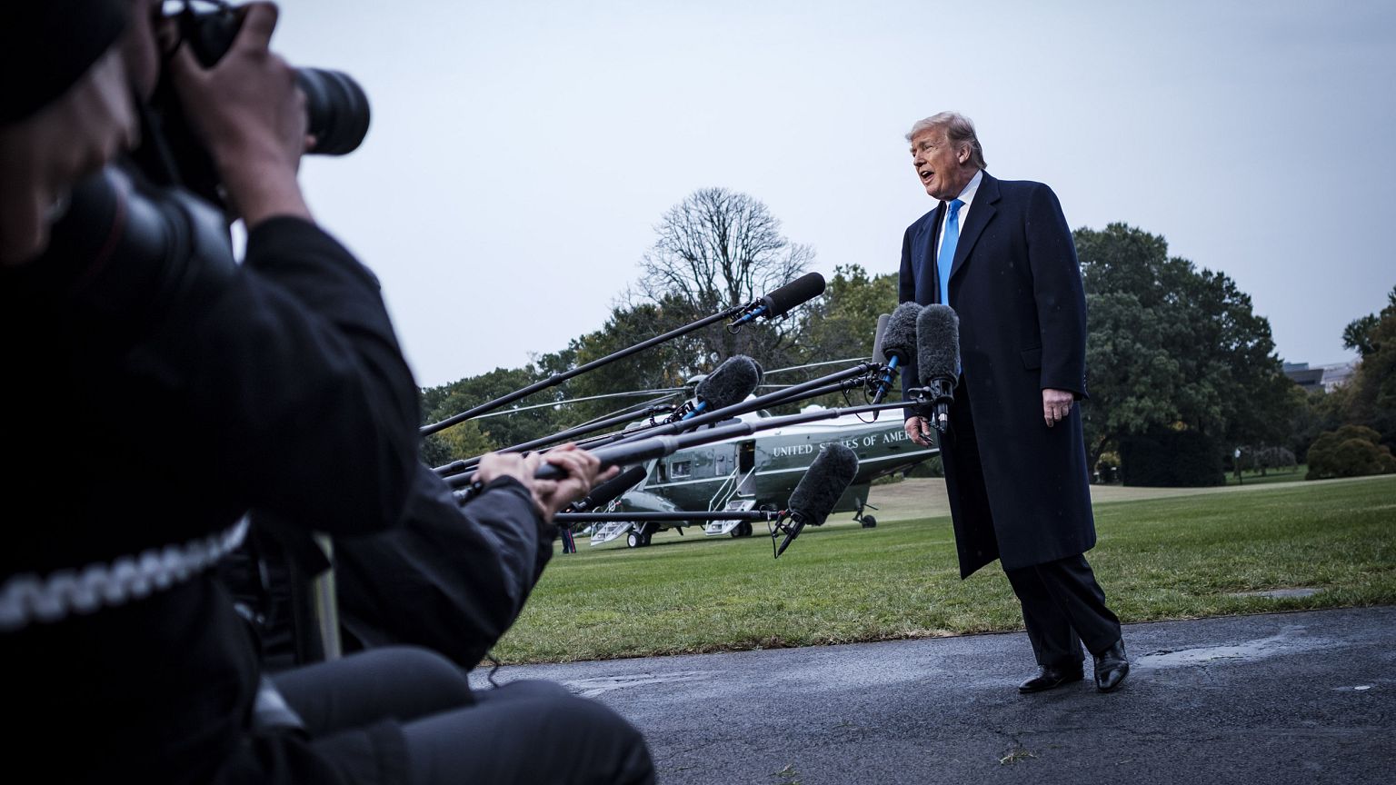 Image: President Donald Trump speaks to the media on the South Lawn of the 