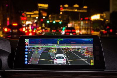 The APTIV vehicle with autonomous technology drives on the strip Friday, December 1, 2017 in Las Vegas, Nevada. (Photo by John F. Martin for APTIV)