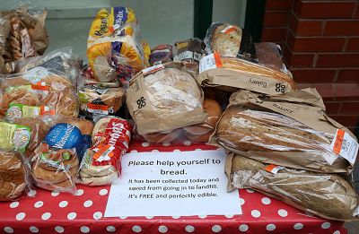 Free bread for the needy is offered outside If, a community social enterprise company operating in Oldham, England. 