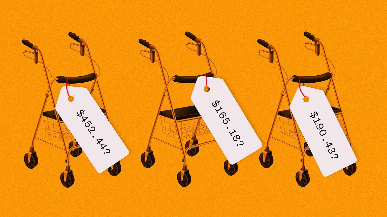 Photo illustration with the same three walkers with different prices.