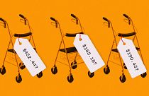 Photo illustration with the same three walkers with different prices.