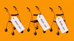 Photo illustration with the same three walkers with different prices.