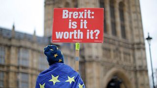 Image: Anti-Brexit supporters hold placards and flags as they demonstrate o