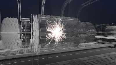 Artistic impression of a collision event at the center of a future detector.