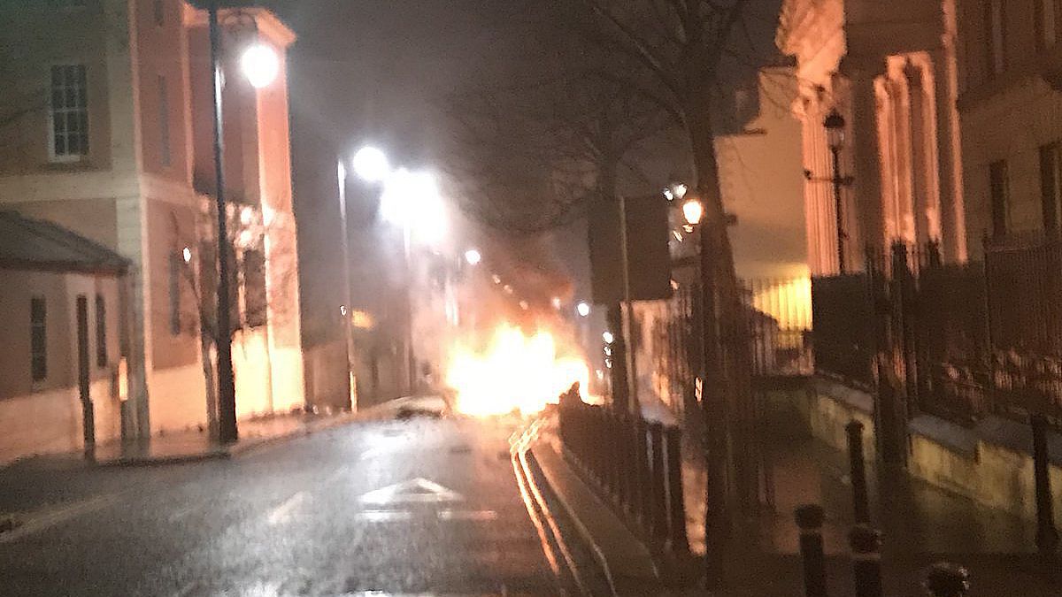 A suspected car bomb in front of a courthouse in Derry, Northern Ireland on