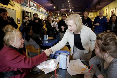 Sen. Kirsten Gillibrand, D-N.Y., campaigns at Pierce Street Coffee Works, in Sioux City, Iowa, on Jan. 18, 2019. 