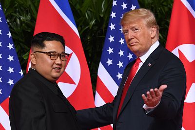 President Donald Trump and North Korean leader Kim Jong Un at the start of last June\'s Singapore summit.