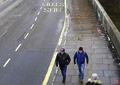 Ruslan Boshirov and Alexander Petrov on Fisherton Road, Salisbury, England on March 4, 2018. British prosecutors have charged the two Russian men with the nerve agent poisoning of ex-spy Sergei Skripal and his daughter Yulia in the English city of Salisbury.