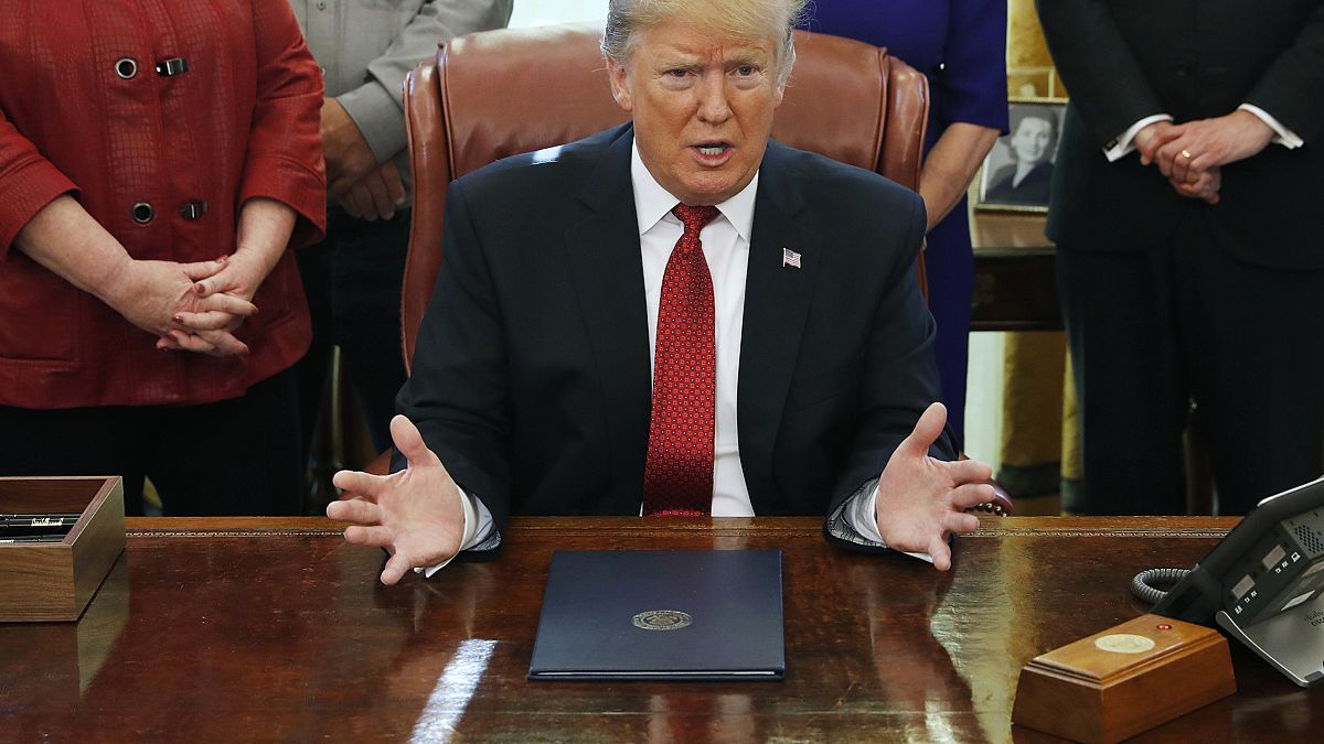 President Donald Trump speaks during a meeting with American manufacturers