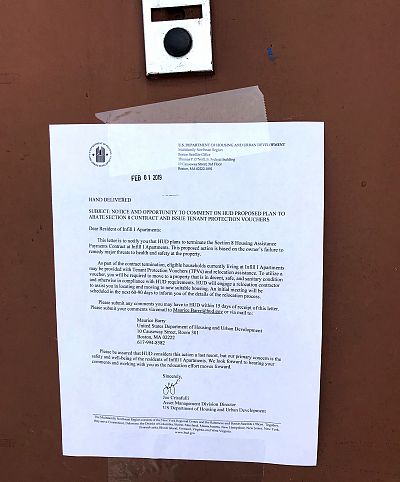 On Friday morning, Feb. 1, 2019, HUD taped a notice to tenants\' doors at Infill Apartments in Hartford, Connecticut notifying them that the landlord\'s contract had been canceled and that HUD would provide them with vouchers to be used in a new home.