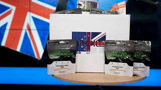 Image: A "Brexit Box" containing dried food and other supplies