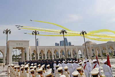 Aircrafts fly over the presidential palace in the United Arab Emirates capital Abu Dhabi during a reception for Pope Francis. 