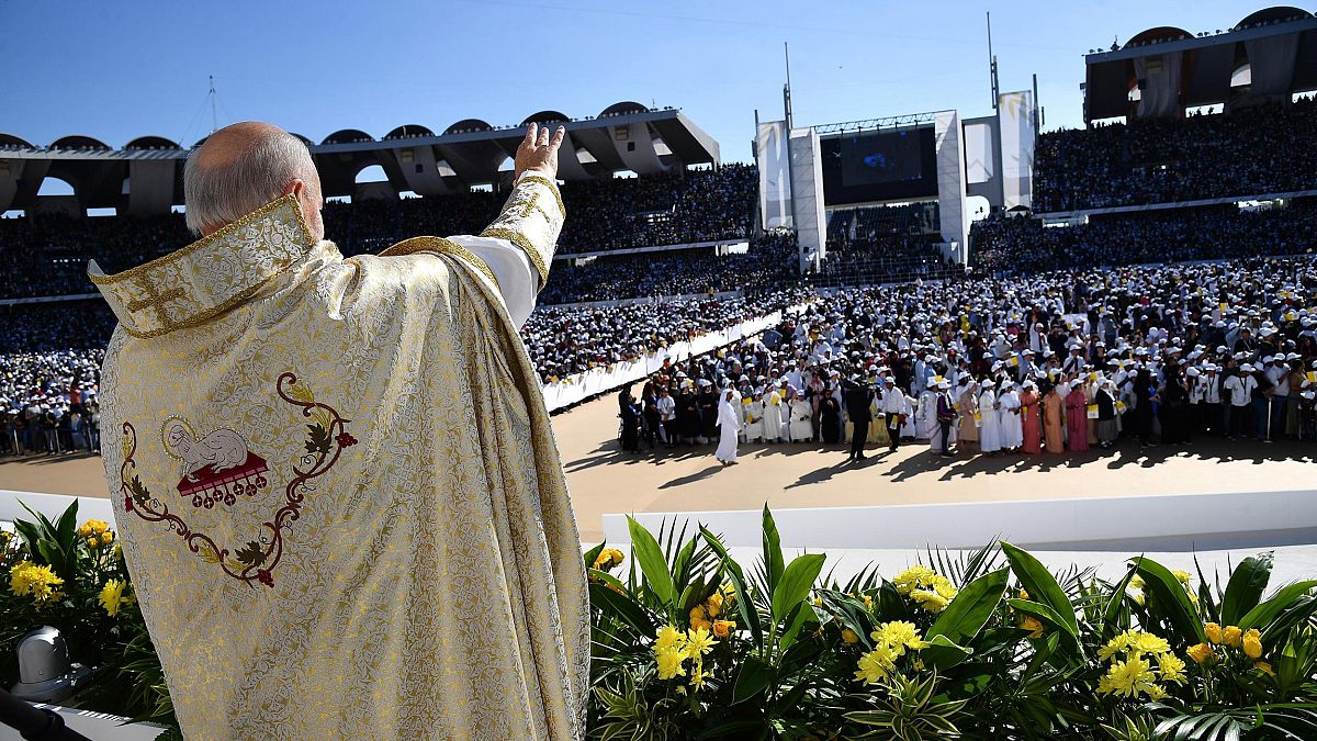 Image: Pope Francis holds a mass at Zayed Sports City Stadium in Abu Dhabi,